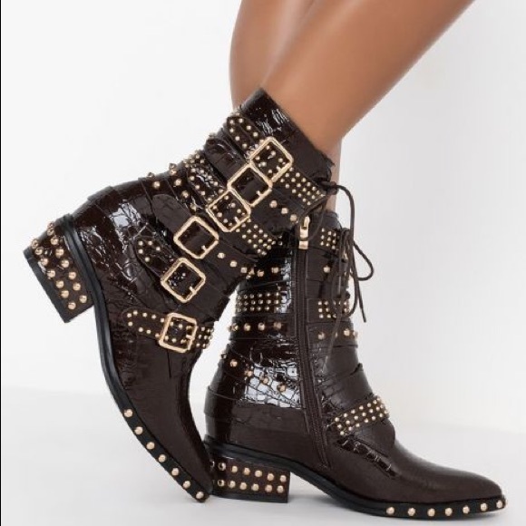 Azalea Wang Shoes - Western Cowboy Brown Vegan Crocodile Leather Studded Belt Strap Riding Boots